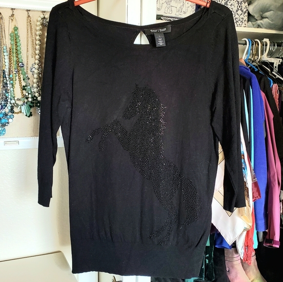 Black blouse with rhinestone horse design - Picture 3 of 6